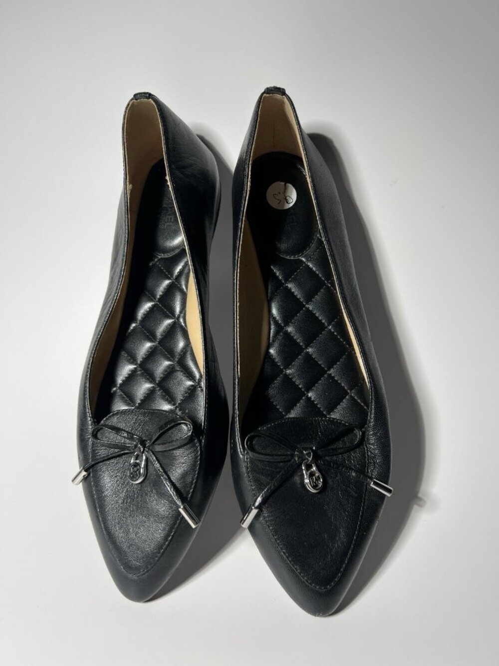 Michael Kors Quilted Black Leather Pointed Toe Flats with Bow Detail